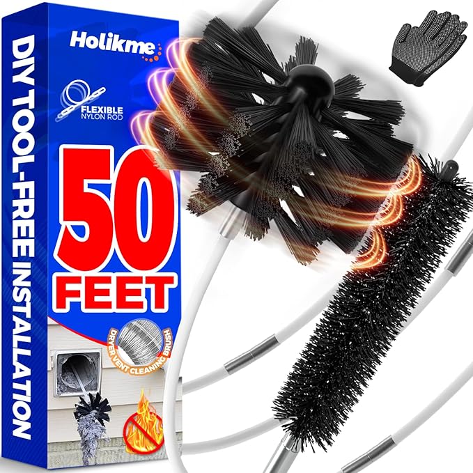 Holikme 50Feet Dryer Vent Cleaner Kit - Flexible Lint Brush with Drill Attachment, Extends up to 50Feet for Fireplace Chimney & Dryer Vent Cleaning,Use with or Without a Power Drill
