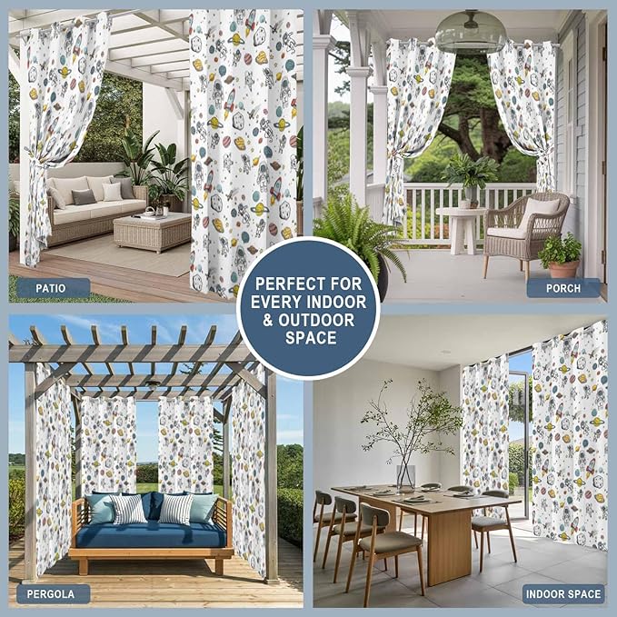 Cartoon Space Outdoor Curtains for Patio Astronauts Spacecraft Rockets Waterproof Outside Curtains with Grommet Top Weatherproof Curtain for Cabana Pergola Gazebo, 2 Pack, 54" W x 108" L
