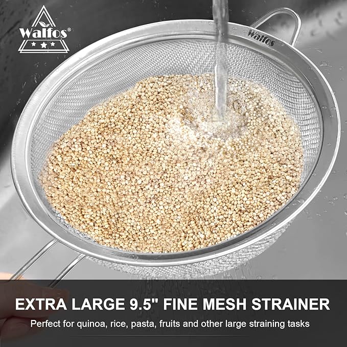 Walfos Large Fine Mesh Strainer 9.35" & 7.8", Stainless Steel Mesh Sieve with Sturdy Handle, Kitchen Metal Food Strainers for Quinoa, Rice, Pasta, Fruits, Vegetables, etc., Set of 2