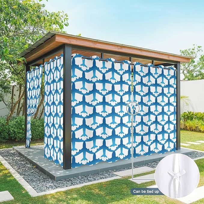 Blue Aircraft Waterproof Outdoor Curtains for Patio, Windproof Weatherproof Curtains with Weighted Hem, Modern Abstract Art Gradient Airplane Light Filtering Privacy Drapes for Porch 54"x 95" 2 Panels