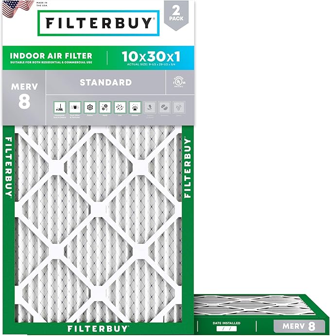 Filterbuy 10x30x1 Air Filter MERV 8 Essential Dust & Allergy Defense (2-Pack), Electrostatic Pleated HVAC AC Furnace Filters Replacement, Made in USA (Actual Size: 9.50 x 29.50 x 0.75)