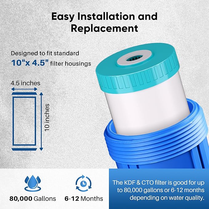 PUREPLUS 5 Micron 10" x 4.5" Whole House KDF/GAC Water Filter, Heavy Metal Removal Replacement Water Filter, RFN10BB-CKDF, 1PACK