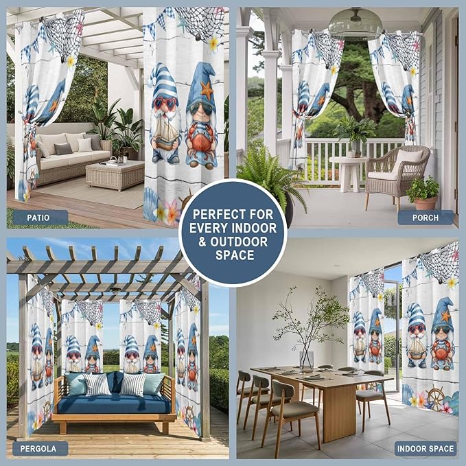 Ocean Gnome Outdoor Curtains for Patio Summer Marine Plumeria Shell Wooden Waterproof Outside Curtains with Grommet Top Weatherproof Curtain for Cabana Pergola Gazebo, 1 Panel, 54" W x 95" L