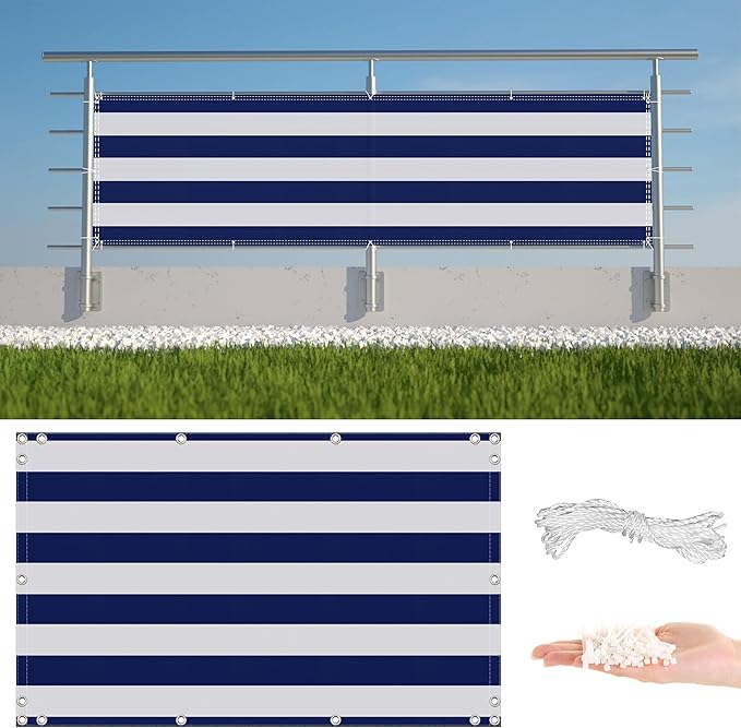 Privacy Fence Screen 4.6' x 16.4' (HDPE) UV Protection Weather-Resistant Balcony Privacy, Easy Installation with Zip Ties for Decks, Patios, Backyards, Outdoor Pools, Porches, Railings, Blue Stripes