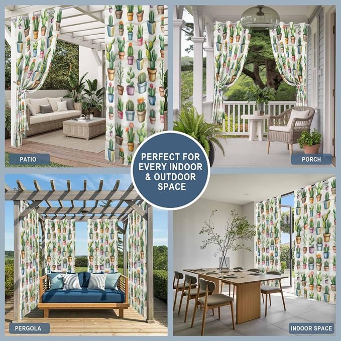 Summer Cactus Outdoor Curtains for Patio Cactus Tropical Plant Wooden Waterproof Outside Curtains with Grommet Top Weatherproof Curtain for Cabana Pergola Gazebo, 2 Pack, 54" W x 84" L
