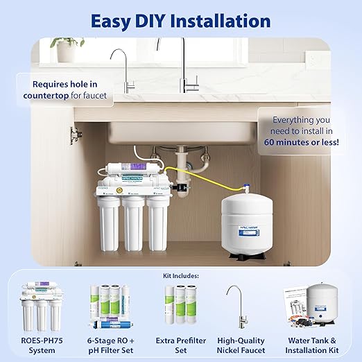 APEC Water Systems ROES-PH75 Essence Series Alkaline Mineral pH+ 75 GPD 6-Stage WQA Certified Ultra Safe Reverse Osmosis Drinking Water Filter System, with Extra High Capacity Pre-Filter Set Stage 1-3