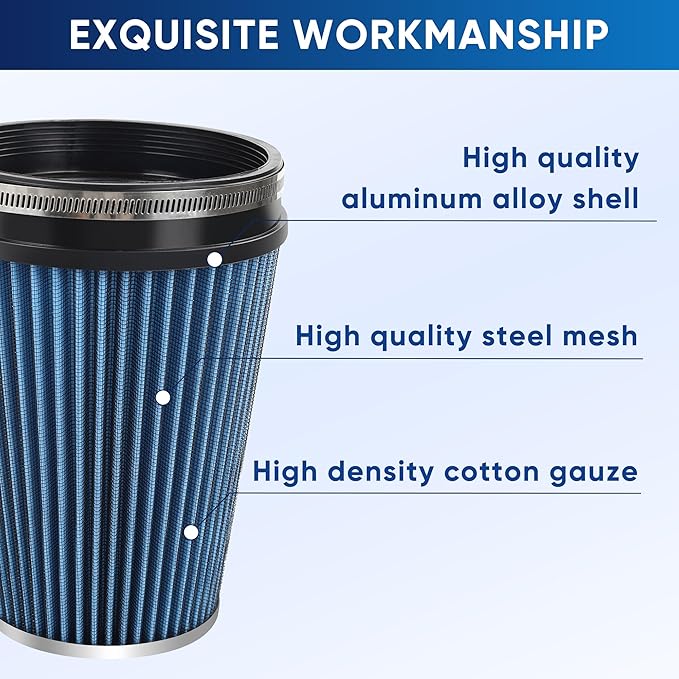 6" 152mm Cold Air Intake Filter Clamp-On Replacement High Flow Inlet Air Filter High Performance Washable Cone Filter 9" Tall Blue