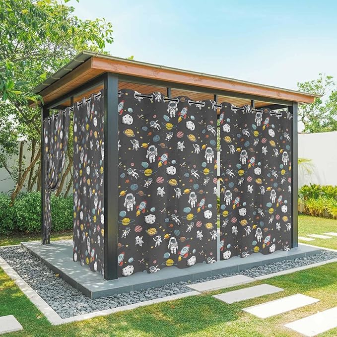 Cartoon Space Outdoor Curtains for Patio Rockets Planets Astronauts Gray Waterproof Outside Curtains with Grommet Top Weatherproof Curtain for Cabana Pergola Gazebo, 1 Panel, 54" W x 84" L