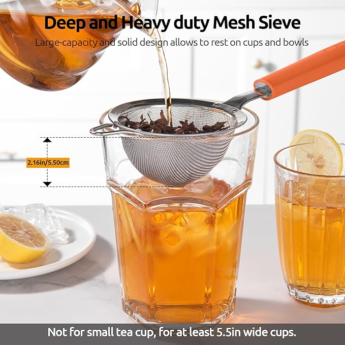 U-Taste Small Fine Mesh Strainer: 18/8 Stainless Steel 3.35in 30 Mesh Kitchen Food Sieve with Sturdy Riveted Silicone Handle, Heavy Duty Deep Handheld Metal Colander for Tea, Juice (Orange)