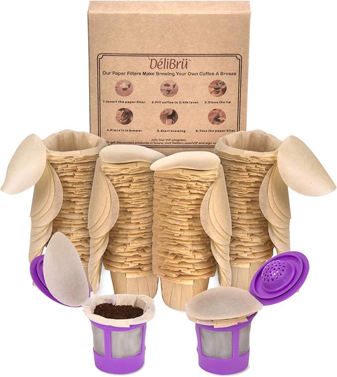 Delibru Unbleached K Cup Filters With Lid for Reusable Coffee Pods - Pack of 300 - Keurig Coffee Filters for K Cup - Natural and Compostable