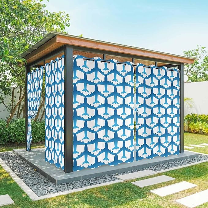Blue Aircraft Waterproof Outdoor Curtains for Patio, Windproof Weatherproof Curtains with Weighted Hem, Modern Abstract Art Gradient Airplane Light Filtering Privacy Drapes for Porch 54"x 95" 2 Panels
