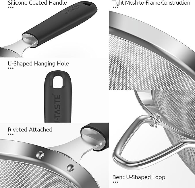 U-Taste Small Fine Mesh Strainer: 18/8 Stainless Steel 3.35in 30 Mesh Kitchen Food Sieve with Sturdy Riveted Silicone Handle, Heavy Duty Deep Handheld Metal Colander for Tea, Juice (Black)