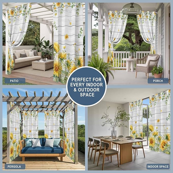 Sunflowers Outdoor Curtains for Patio Summer Floral Eucalyptus Leaf Wood Plank Waterproof Outside Curtains with Grommet Top Weatherproof Curtain for Cabana Pergola Gazebo, 2 Pack, 54" W x 108" L