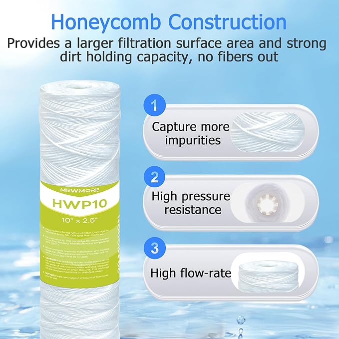 20 Micron Whole House Water Filter Cartridge, String Wound Sediment Filters for Well Water, Universal Replacement for Any 10 inch RO Unit - 10" x 2.5" Cartridges - Pack of 6