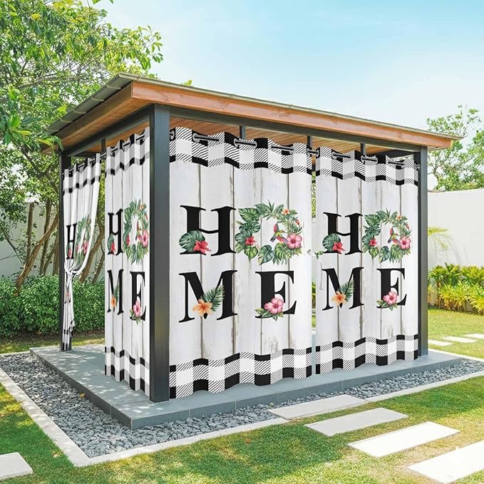 Summer Outdoor Curtains for Patio Leaves Garland Plumeria Wood Buffalo Plaid Waterproof Outside Curtains with Grommet Top Weatherproof Curtain for Cabana Pergola Gazebo, 2 Pack, 54" W x 95" L