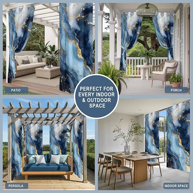 Marble Texture Outdoor Curtains for Patio Abstract Gradient Blue Golden Gorgeous Waterproof Outside Curtains with Grommet Top Weatherproof Curtain for Cabana Pergola Gazebo, 2 Pack, 54" W x 84" L