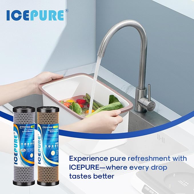 ICEPURE 2-Stage 2.5" x 10" Whole House Water Filter Cartridge Replacement Combo Kit, 1 Micron Activated Carbon Block Filter and KDF Compatible with WFPFC9001, SCWH-5, WHCF-WHWC, FXWTC, CBC-10, 2 PACK