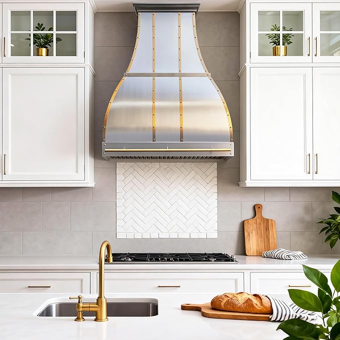 CHETTO C Stainless Steel Range Hood Cover with Quiet Vent Hood Insert Custom Handcrafted Metal Kitchen Fan with Towel Rack LED Light 42"W x24"D x45"H Brushed Stainless Steel Wall Mount