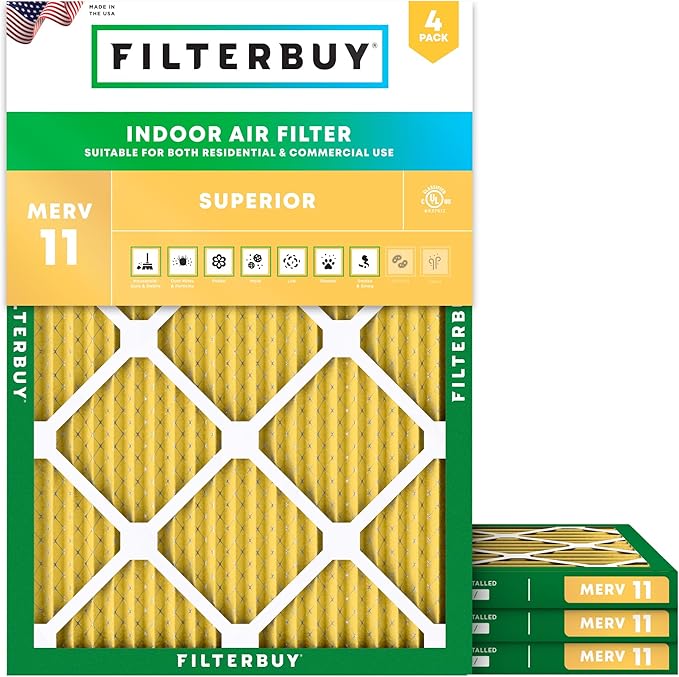 Filterbuy 16.5x21x1 Air Filter MERV 11 Superior Pet & Allergy Defense (4-Pack), Electrostatic Pleated HVAC AC Furnace Filters Replacement, Made in USA (Actual Size: 16.50 x 20.50 x 0.75)
