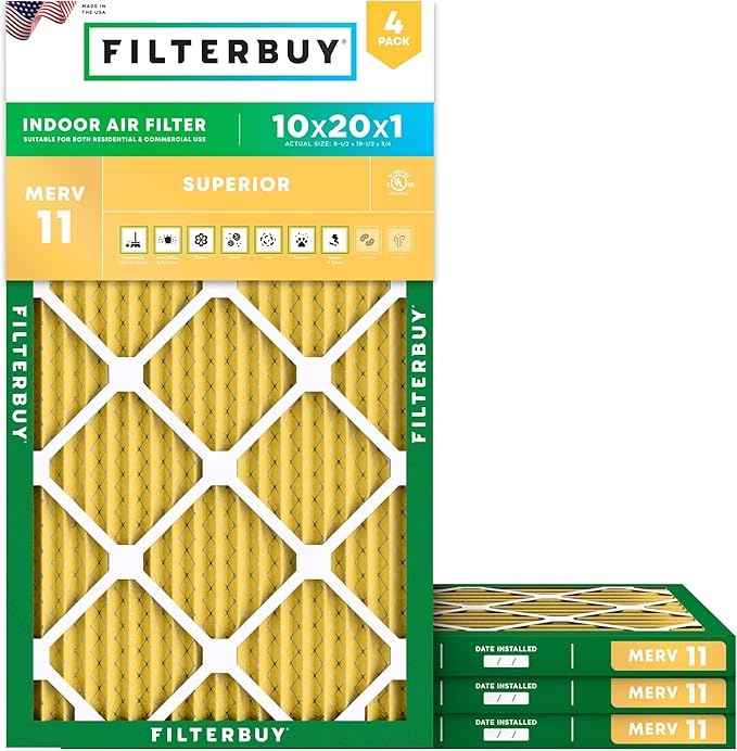 Filterbuy 10x20x1 Air Filter MERV 11 Superior Pet & Allergy Defense (4-Pack), Electrostatic Pleated HVAC AC Furnace Filters Replacement, Made in USA (Actual Size: 9.50 x 19.50 x 0.75)
