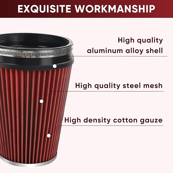 6" 152mm Cold Air Intake Filter Clamp-On Replacement High Flow Inlet Air Filter High Performance Washable Cone Filter 9" Tall Red
