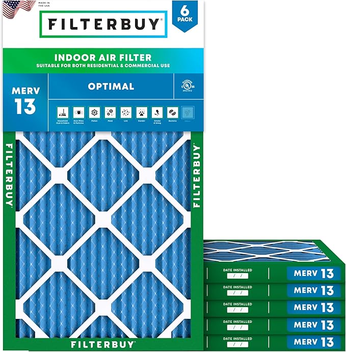 Filterbuy 11.25x23.25x1 Air Filter MERV 13 Optimal Smoke & Allergy Defense (6-Pack), Electrostatic Pleated HVAC AC Furnace Filters Replacement, Made in USA (Actual Size: 11.25 x 23.25 x 0.75)