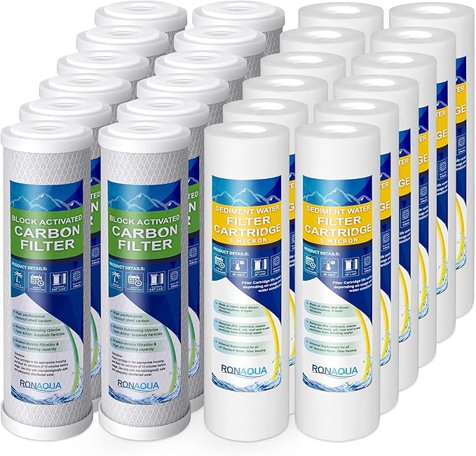 12 Standard Coconut Shell Block Carbon & 12 Four Layers of Filtration Polypropylene Sediment 5 Micron 2.5"x 10" Water Filter Cartridges Universal replacement for Reverse Osmosis & Standard 10” Housing