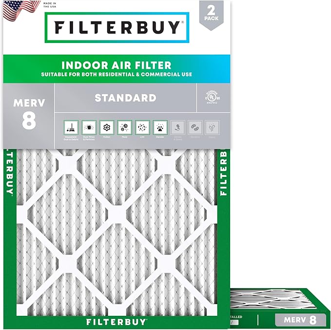 Filterbuy 14.5x19.5x1 Air Filter MERV 8 Essential Dust & Allergy Defense (2-Pack), Electrostatic Pleated HVAC AC Furnace Filters Replacement, Made in USA (Actual Size: 14.50 x 19.50 x 0.75)