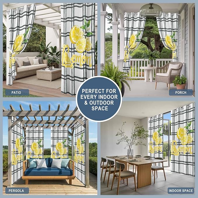 Lemon Outdoor Curtains for Patio Lemon Leaves Summer Plaid Buffalo Waterproof Outside Curtains with Grommet Top Weatherproof Curtain for Cabana Pergola Gazebo, 2 Pack, 54" W x 108" L