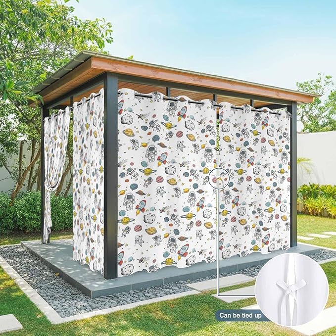 Cartoon Space Outdoor Curtains for Patio Astronauts Spacecraft Rockets Waterproof Outside Curtains with Grommet Top Weatherproof Curtain for Cabana Pergola Gazebo, 2 Pack, 54" W x 108" L