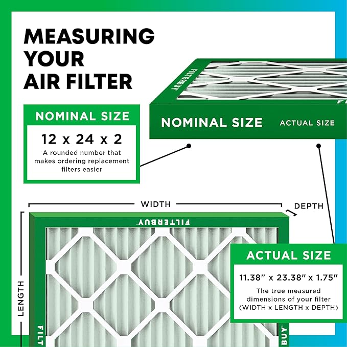 Filterbuy 12x24x2 Air Filter MERV 13 Optimal Smoke & Allergy Defense (1-Pack), Electrostatic Pleated HVAC AC Furnace Filters Replacement, Made in USA (Actual Size: 11.38 x 23.38 x 1.75)