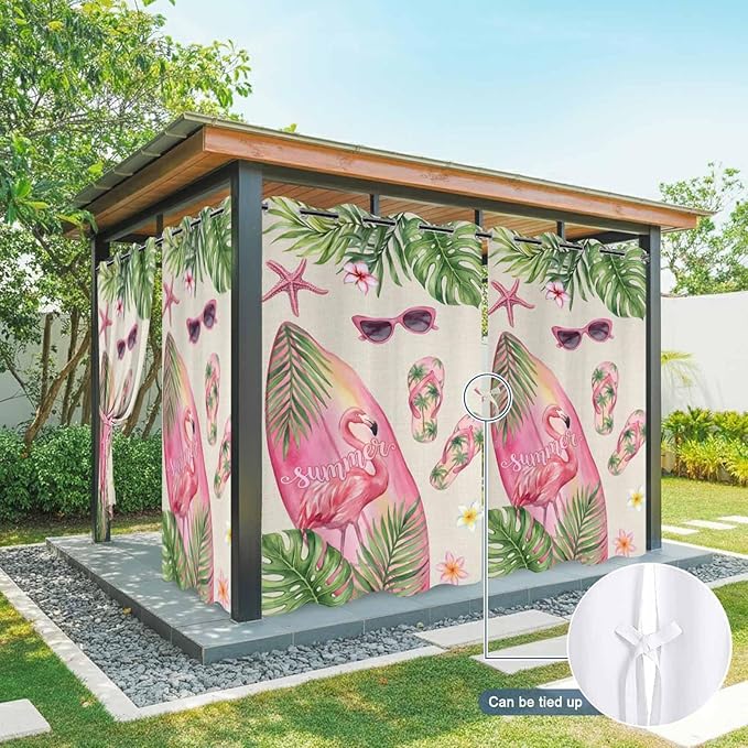 Summer Flamingbirds Outdoor Curtains for Patio Palm Leaves Plumeria Linen Waterproof Outside Curtains with Grommet Top Weatherproof Curtain for Cabana Pergola Gazebo, 2 Pack, 54" W x 108" L