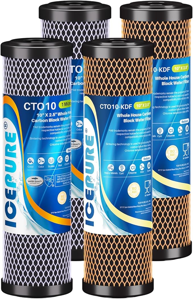 ICEPURE 2-Stage 2.5" x 10" Whole House Water Filter Cartridge Replacement Combo Kit, 1 Micron Activated Carbon Block Filter and KDF Compatible with WFPFC9001, SCWH-5, WHCF-WHWC, FXWTC, CBC-10, 2 PACK