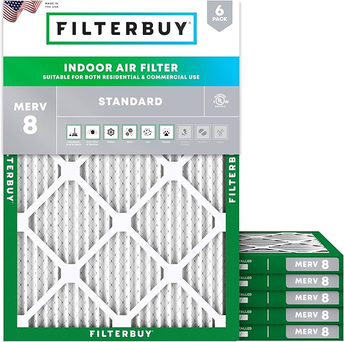 Filterbuy 28x30x1 Air Filter MERV 8 Essential Dust & Allergy Defense (6-Pack), Electrostatic Pleated HVAC AC Furnace Filters Replacement, Made in USA (Actual Size: 27.75 x 29.75 x 0.75)
