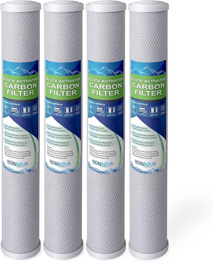 Standard Whole House Coconut Shell Carbon Block 5 Micron Water Filter 20” x 2.5” Fits 20” x 2.5” Housings. Remove Chlorine and Bad Odor. Compatible with C1-20, HX-CB-25-2010, F3WCB32 Pack of 4