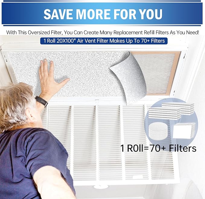 UBeesize Air Vent Filters Kit - 20" x 100" Cut to Size Air Filter Material (70+ Filters), With Adhesive Hook Tape for Home Floor, Grilles, Ceiling, HVAC Furnace Vents