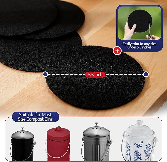 BioStrke -Activated Carbon Filter Odor Absorbers for Kitchen Compost Bins - Extra Thick 5.5 inch Compost Bucket Charcoal Filters - Odor Control for Countertop Pails - Made in USA (2 Count)