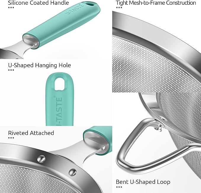 U-Taste Small Fine Mesh Strainer: 18/8 Stainless Steel 3.35in 30 Mesh Kitchen Food Sieve with Sturdy Riveted Silicone Handle, Heavy Duty Deep Handheld Metal Colander for Tea, Juice (Aqua Sky)