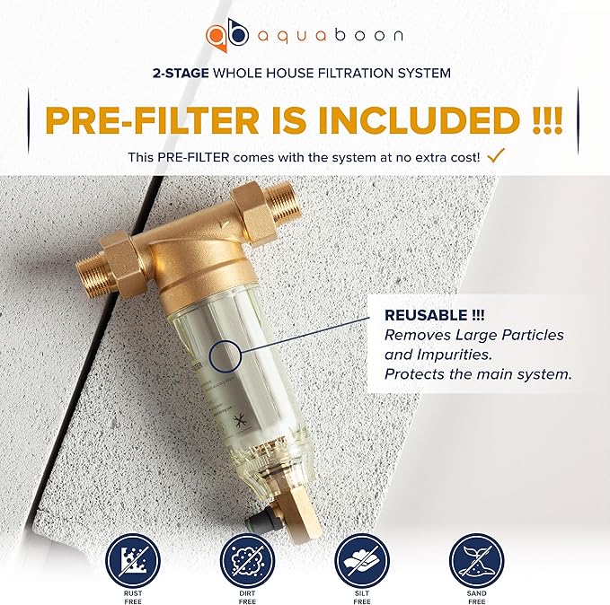 2-Stage Water Filter System 20x4.5 inch Comes with Sediment & Carbon Filters | Prefilter, Wrench, Gauge & Release, Freestanding Steel Frame Included