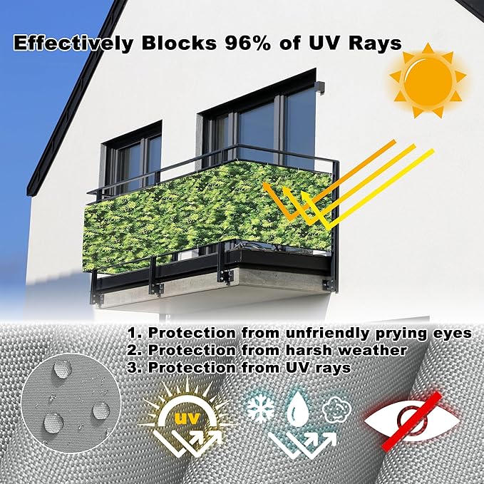 Balcony Privacy Screen 2' x 49.2' Durable and UV Resistant Outdoor Privacy Screens, Included Cable Ties Customized Size for Deck Pool Fence Railings Apartment, Green Leaf Pattern