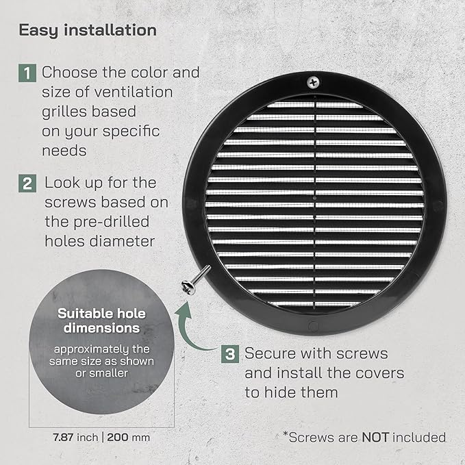 Vent Systems 8" Inch (Opening Dimensions) Black Soffit Vent Cover - Plastic Return Air Vent Cover - Round Ventilation Grille with Mesh Screen - HVAC Register Louver for Bathroom, Home, Kitchen
