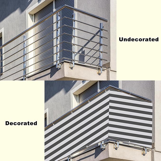 Balcony Privacy Screen 4.9' x 29.5' Durable UV-Resistant Outdoor Privacy Screen, Included Cable Zip Ties for Pergola Balcony Porch Carport Deck Window, Gray Stripes
