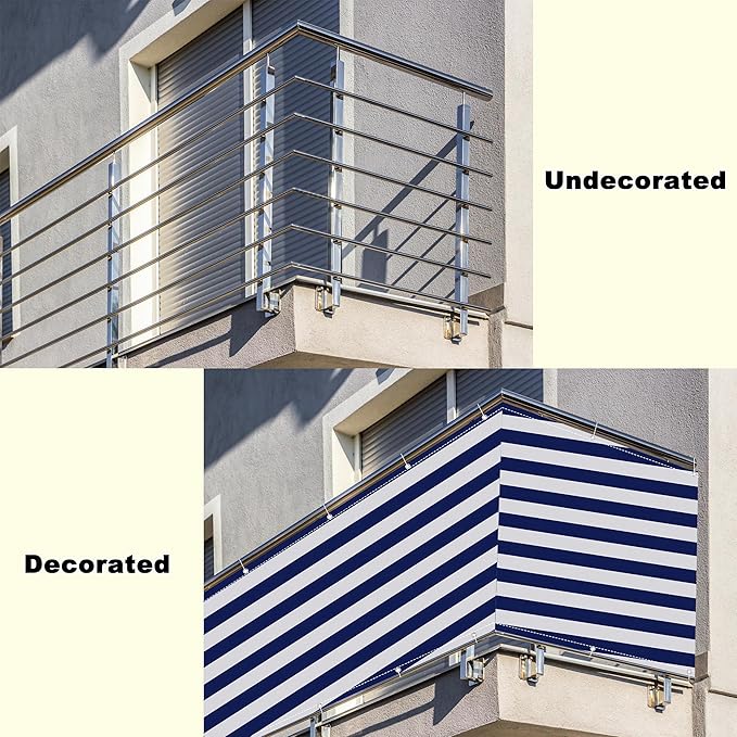 Privacy Fence Screen 4.9' x 49.2' UV Protection (HDPE) Weather-Resistant Outdoor Privacy Screen, Includes Cable Ties for Deck, Patio, Backyard, Outdoor Pool, Porch, Railing, Blue Stripes