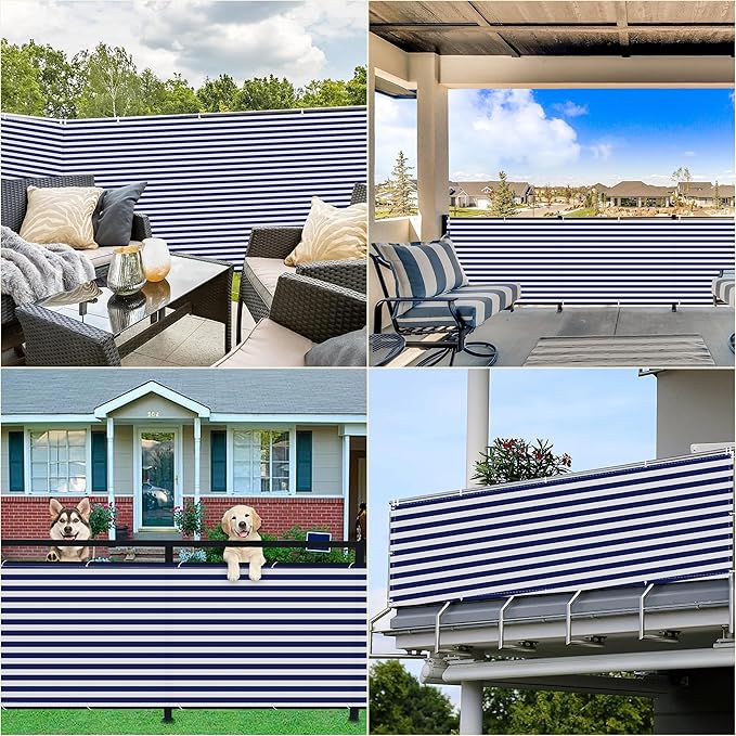 Privacy Fence 9.8' x 19.7' Durable and UV Resistant Patio Privacy Screen, Included Cable Zip Ties for Pergola Balcony Porch Carport Deck Window, Blue Stripes