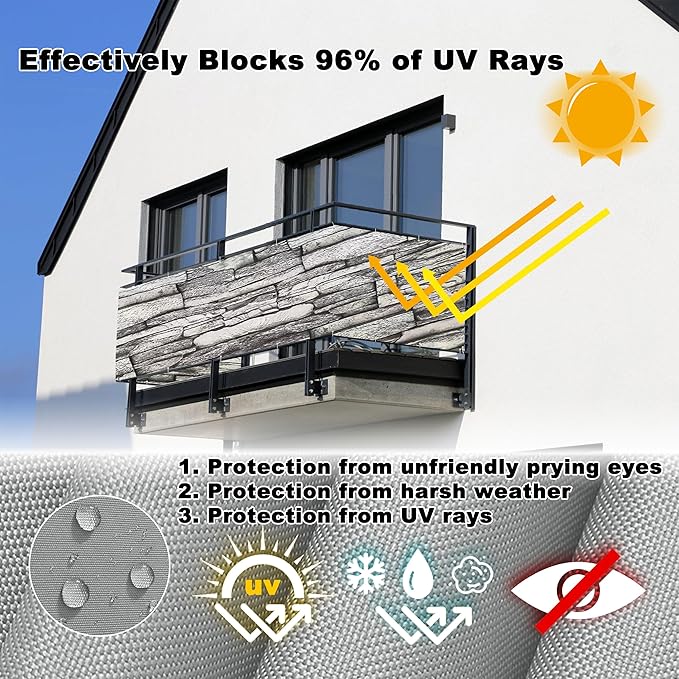 Privacy Screen Protector 2.6' x 29.5' UV-Resistant Visibility Reduction Patio Privacy Screen, Included Cable Ties Customized size for Balcony, Apartment, Backyard, Patio, Porch, Garden, Stone Pattern