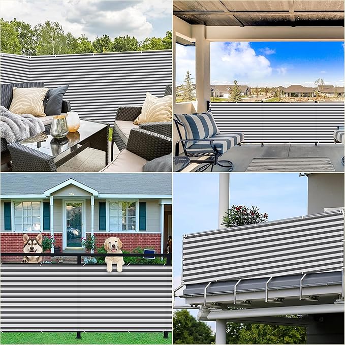 Fence Privacy Screen 3.1' x 26.2' UV Protection (HDPE) Weather-Resistant Outdoor Dog Fence, Included Cable Zip Ties for Decks, Patios, Backyards, Outdoor Pools, Porches, Railings, Gray Stripes