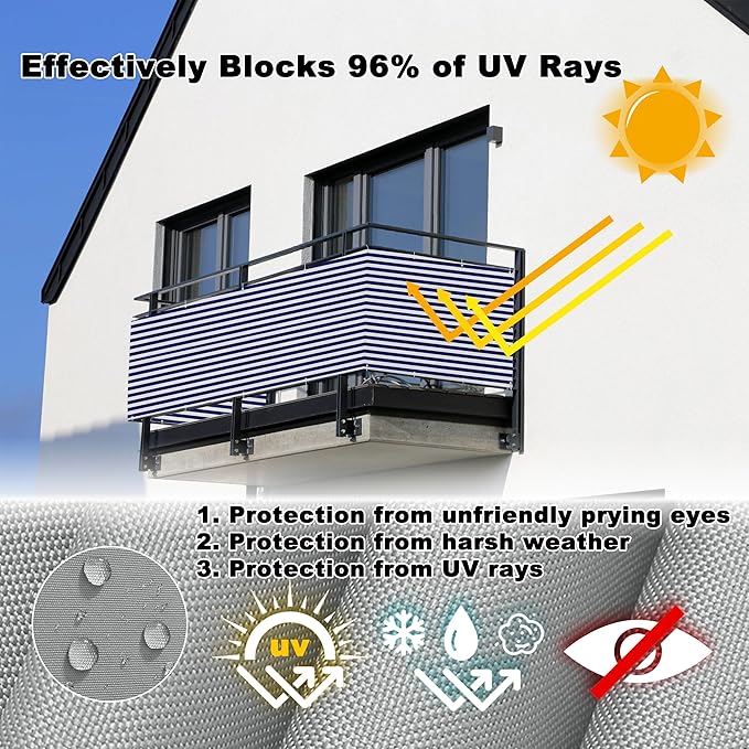 Balcony Privacy Screen 2.6' x 13.1' UV-Protection Wind-Resistant Privacy Screen Outdoor, Included Cable Ties Customized Size for Porch Deck Outdoor Backyard Patio Balconys, Blue Stripes