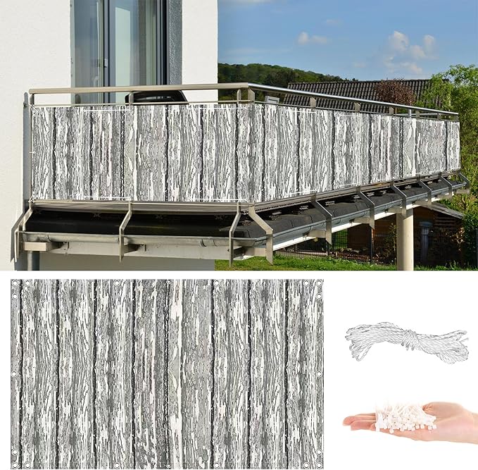 Balcony Privacy Screen 3.6' x 23' UV Protection Weather Resistant Waterproof Outdoor Privacy Screens, Included Cable Ties Customized size for Deck Pool Fence Railings Apartment, Vertical Floor Pattern