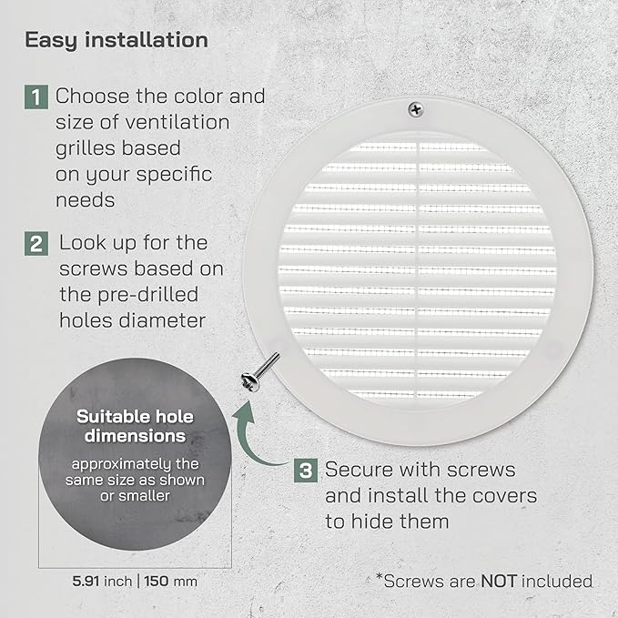 Vent Systems 6" Inch (Opening Dimensions) White Soffit Vent Cover - Plastic Round Air Vent Grille - Built-in Mesh Screen - HVAC Register Louver for Bathroom, Home, Kitchen