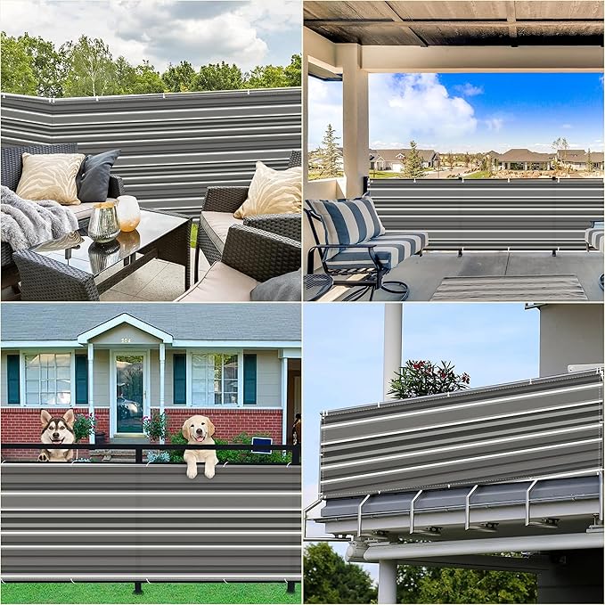 Balcony Privacy Screen 2.3' x 9.8' UV-Protection Wind-Resistant Outdoor Dog Fence, with Grommets, for Balcony, Apartment, Backyard, Patio, Porch, Garden, Black White Stripes